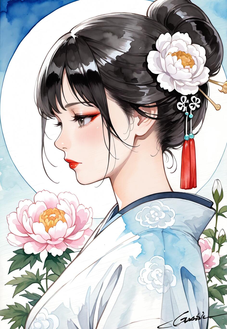 Un ritratto in stile anime, realizzato con acquerelli, raffigura una donna dell’Asia orientale con i capelli neri raccolti in uno chignon, decorato con un fiore di peonia bianca e un ornamento a forma di nappa rossa. Indossa una veste tradizionale blu e bianca ed è sullo sfondo di una luna piena e di altri fiori di peonia.