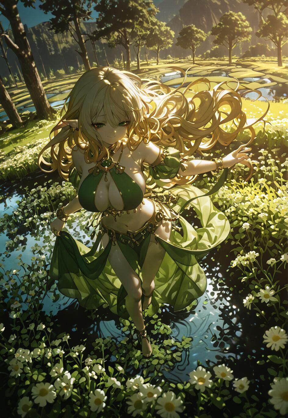 Un’illustrazione in stile anime che raffigura l’elfa Shera L. Greenwood, con lunghi capelli biondi e un abito verde, mentre balla in un fiume poco profondo, circondata da fiori bianchi in un paesaggio verde e soleggiato.