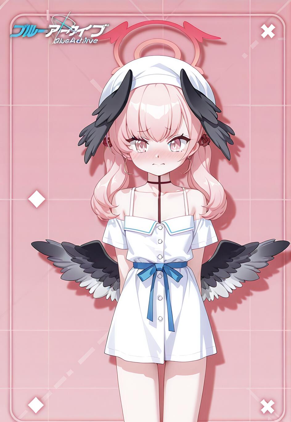 Illustrazione a figura intera di Shimoe Koharu, tratta da Blue Archive. Ha i capelli rosa e indossa un abito estivo bianco con un nastro blu; nello sfondo rosa, la si vede mentre guarda lo spettatore con un’espressione leggermente imbarazzata.