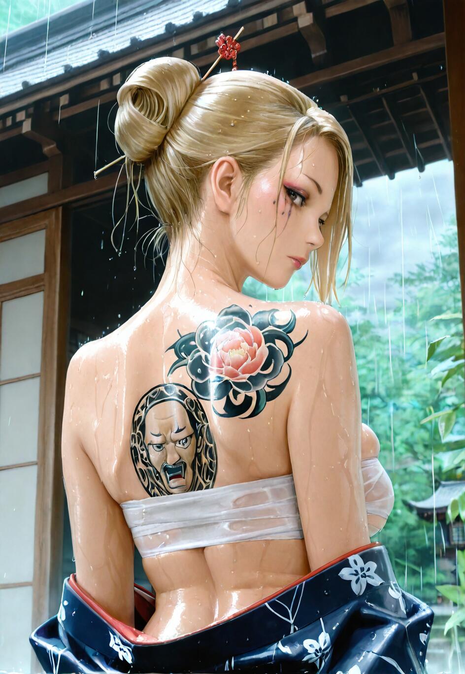 Un’illustrazione digitale realistica che raffigura una donna bionda, di spalle rispetto all’osservatore, che si volta a guardare sopra la spalla sotto la pioggia. Ha un tatuaggio con un fiore e una maschera sulla schiena e indossa un kimono aperto sopra un sarashi.