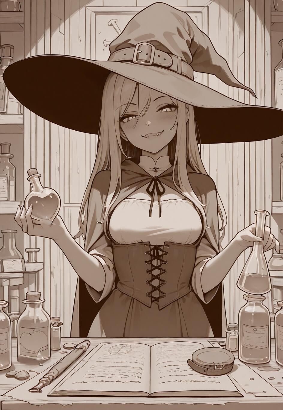 Un’illustrazione in tonalità seppia raffigura una strega in stile anime, con lunghi capelli biondi e un grande cappello, che sorride maliziosamente mentre tiene in mano una fiala a forma di cuore contenente una pozione d’amore, all’interno del suo laboratorio.