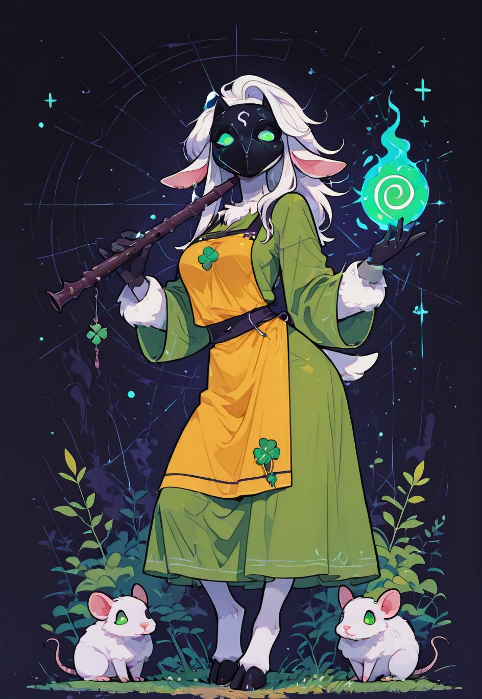 Un’illustrazione che raffigura un personaggio antropomorfo a forma di agnello, ispirato a Kindred del videogioco League of Legends. Indossa una maschera nera, una veste verde e un grembiule giallo decorato con trifogli. Sta suonando un flauto e tiene in mano una sfera di energia verde, mentre due topi bianchi sono ai suoi piedi.