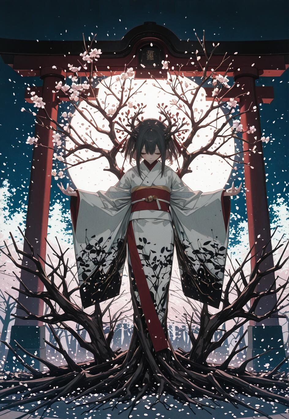 Un’illustrazione in stile anime che raffigura una giovane donna con capelli scuri, vestita con un kimono bianco e nero, in piedi di fronte a un portale torii rosso. È come fusa con un albero scuro e contorto, i cui rami, adornati di fiori di ciliegio, incorniciano una grande luna piena che si staglia dietro di lei.