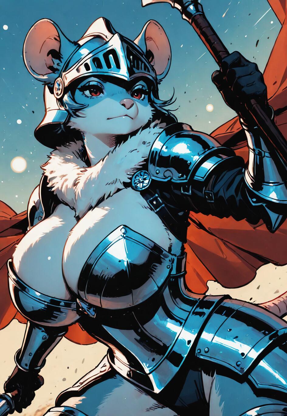 Un’illustrazione digitale che raffigura una guerriera antropomorfa a forma di topo, con indosso un’armatura completa e un elmo, che impugna una mazza e ha un mantello rosso che le svolazza dietro. Il suo volto esprime determinazione.