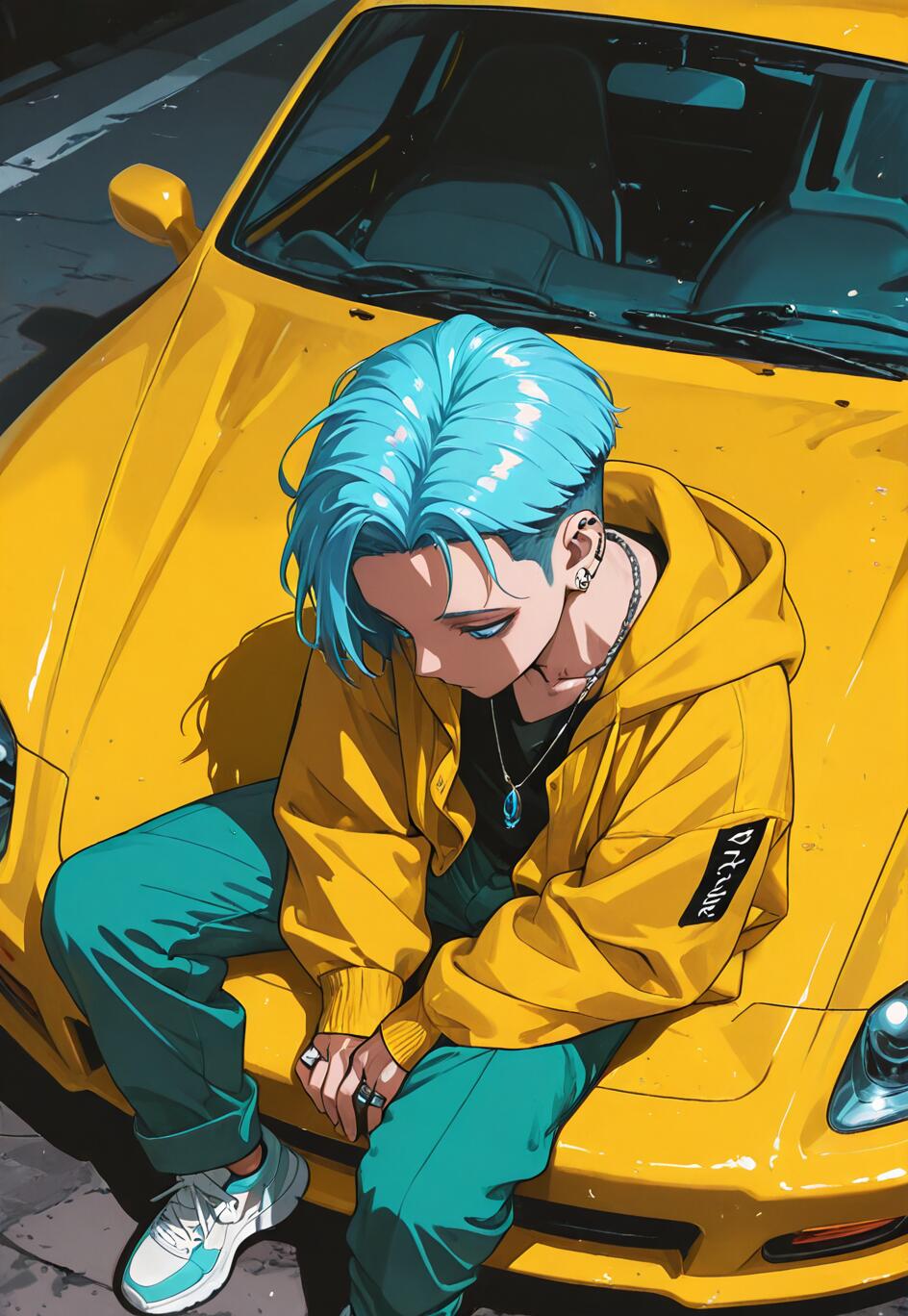 Un’illustrazione in stile anime che raffigura un giovane con i capelli blu e una giacca gialla, seduto sul cofano di un’auto sportiva gialla e con lo sguardo rivolto verso il basso.