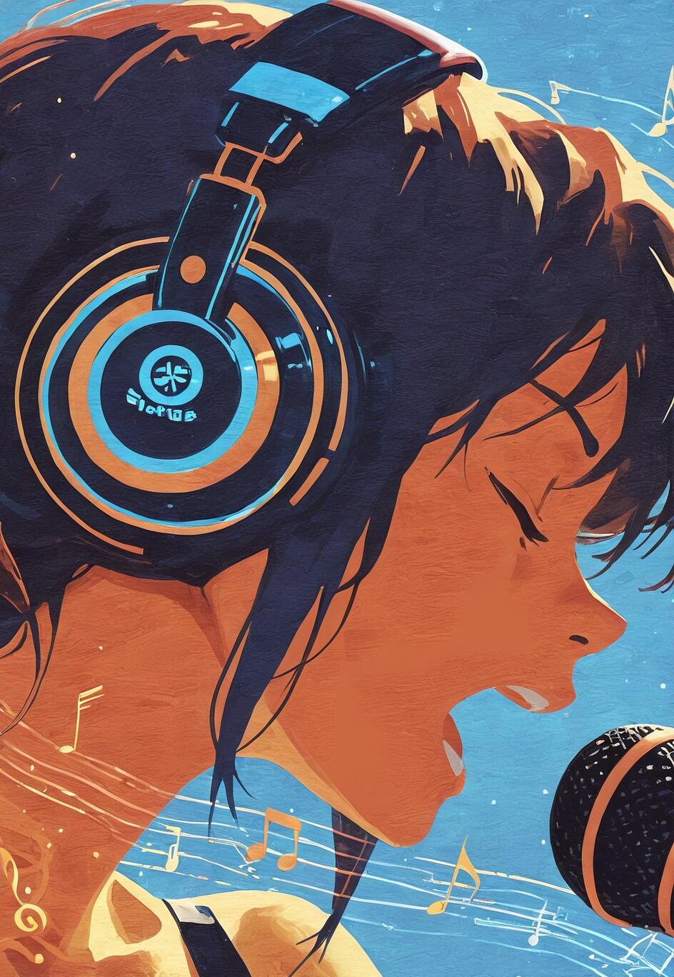 Un ritratto stilizzato, realizzato con una tecnica pittorica, che raffigura una giovane donna con capelli scuri, grandi cuffie e un microfono. La donna canta a occhi chiusi su uno sfondo blu decorato con note musicali.