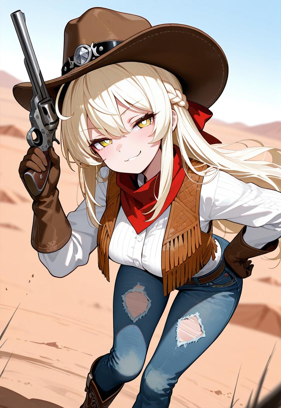 Un’illustrazione in stile anime che raffigura una cowgirl bionda, identificata come Lumine, personaggio del videogioco Genshin Impact, in un deserto. Indossa un cappello da cowboy, un gilet con le frange e jeans strappati, e sorride con aria soddisfatta mentre punta una rivoltella verso lo spettatore.