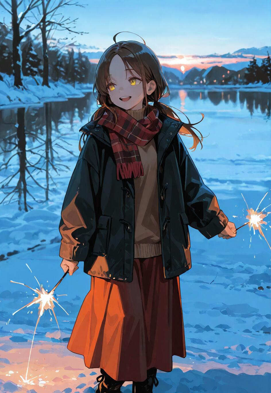 Un’illustrazione in stile anime che raffigura una ragazza sorridente, con capelli castani e occhi gialli, che indossa un cappotto invernale e una sciarpa, e tiene in mano due bengala accesi in un paesaggio innevato, vicino a un lago, al crepuscolo.