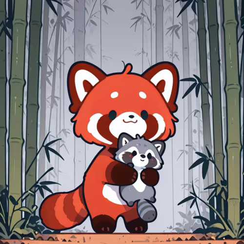 Un adorabile panda rosso, rappresentato in stile cartone animato, si trova in una foresta di bambù mentre abbraccia un piccolo procione grigio, anch’esso in stile cartone animato.