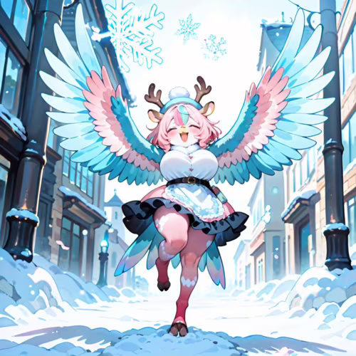 Un’illustrazione in stile anime che raffigura un personaggio femminile gioioso, con capelli rosa, corna da renna e grandi ali piumate blu e rosa, in piedi su una gamba sola in una strada innevata di una città.