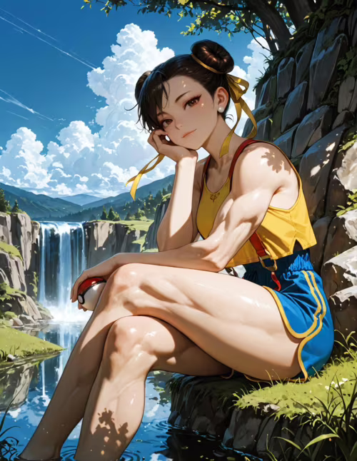 Chun-Li, personaggio del videogioco Street Fighter, è seduta accanto a un lago, in un ambiente naturale e soleggiato, con una cascata sullo sfondo. Indossa un abbigliamento da allenatore Pokémon, composto da una maglietta gialla e pantaloncini blu, tiene in mano una Poké Ball e sorride rivolgendosi allo spettatore.