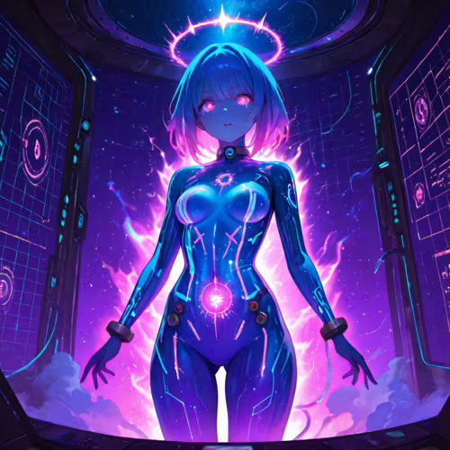 Una figura intera di un personaggio femminile in stile anime futuristico, con capelli corti di colore blu, un alone luminoso e un corpo cibernetico ricoperto di circuiti blu e rosa che brillano, che si trova all’interno dell’abitacolo di un’astronave, con una vista su una galassia viola.