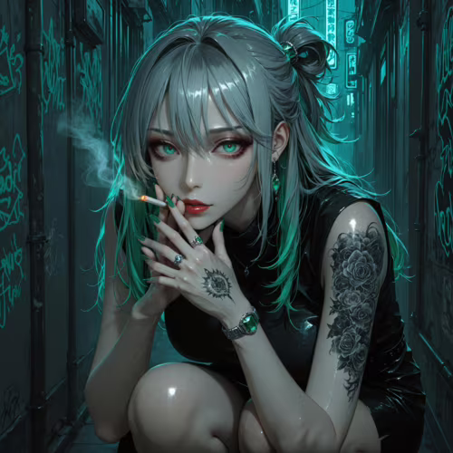 Un’illustrazione in stile anime che raffigura una giovane donna con i capelli grigi, alcune ciocche verdi e occhi di un verde brillante, inginocchiata in un vicolo buio illuminato da luci al neon, mentre fuma una sigaretta e guarda direttamente l’obiettivo. Ha un grande tatuaggio a forma di rosa sul braccio.