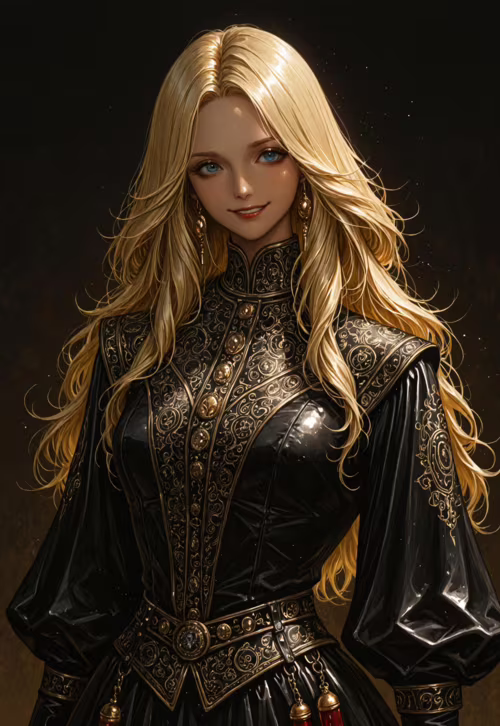 Un ritratto digitale che raffigura una giovane donna dalla vita in su, con lunghi capelli biondi ondulati e occhi azzurri, che sorride dolcemente. Indossa un elaborato abito da fantasia nero e dorato, con un colletto alto, su uno sfondo scuro.
