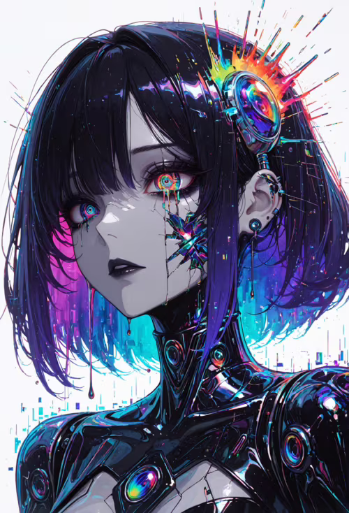 Un ritratto ravvicinato di una ragazza-androide in stile anime, con capelli corti neri e viola. Ha occhi luminosi e multicolori con lacrime nere, un effetto glitch colorato sulla guancia, indossa una tuta cibernetica nera e un vivace auricolare, il tutto su uno sfondo bianco.