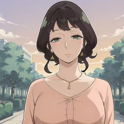 Un’illustrazione che ritrae Melinda Desmond di Spy x Family, una donna matura con i capelli corti e scuri e gli occhi verdi, che indossa una camicetta rosa e gioielli dorati, mentre è in piedi in un parco al tramonto.