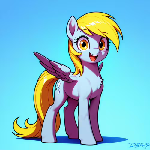 Illustrazione digitale a figura intera del personaggio Derpy Hooves di My Little Pony. È una cavalla alata di colore grigio, con una criniera e una coda bionde, che sorride allegramente mentre è in piedi di fronte a uno sfondo blu.