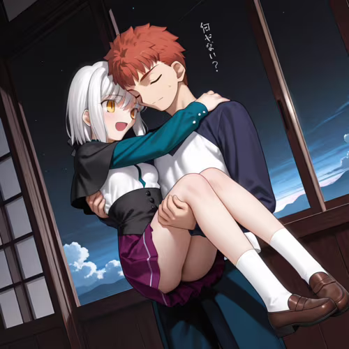Emiya Shirou, proveniente da Fate/stay night, tiene delicatamente Tojou Koneko, tratta da High School DxD, tra le braccia, in una stanza poco illuminata, mentre attraverso la finestra alle loro spalle si intravede un cielo stellato.