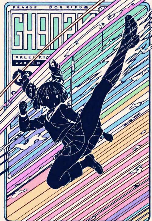 Un’illustrazione digitale in stile anime che raffigura la sagoma di una studentessa con i capelli raccolti in due codini, intenta a eseguire un calcio acrobatico. La figura è delineata in bianco su uno sfondo di colorate strisce diagonali dai toni pastello, creando un effetto di velocità e dinamismo.