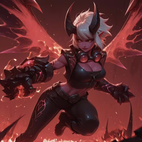 Un’illustrazione digitale di Demon Vi, personaggio del videogioco League of Legends: una potente demone con capelli bianchi, pelle rosa, grandi corna e ali rosse luminose, che si lancia in avanti con un’enorme guantiera in un paesaggio infuocato.