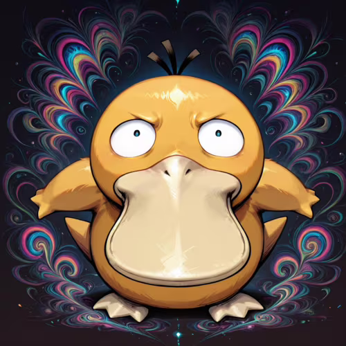 Il Pokémon Psyduck è in primo piano, con un’espressione confusa e preoccupata, occhi spalancati e sopracciglia aggrottate. Dietro di lui, uno sfondo scuro è illuminato da una serie simmetrica di vivaci motivi psichedelici, che ruotano in tonalità di rosa, blu, giallo e verde.