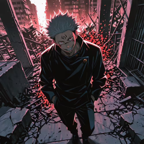 Ryomen Sukuna, personaggio di Jujutsu Kaisen, si trova in una città distrutta e, inquadrato da un’angolazione elevata, rivolge alla telecamera uno sguardo minaccioso e sprezzante.