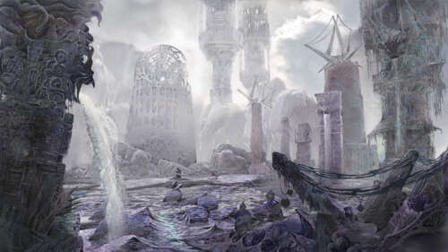 Un detective, in piedi tra le rovine fatiscenti e inquietanti, sotto un cielo minaccioso,... 8K