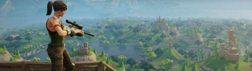 Un personaggio stilizzato proveniente da Fortnite, pronto per la battaglia, immerso... Dual UHD