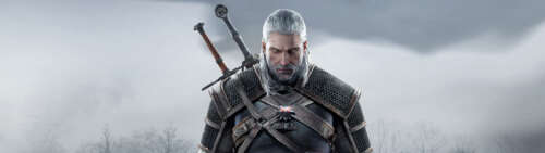 Primo piano del ritratto di Geralt di Rivia, tratto da The Witcher 3: Wild Hunt. Dual UHD