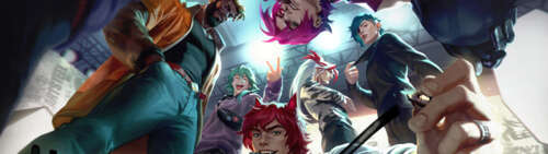 Un ritratto di gruppo di Ezreal, Sett, Kayn e K’Sante, membri della band Heartsteel... Dual UHD