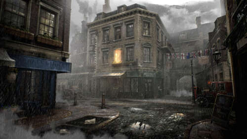 Una strada buia e piovosa di Londra, con un edificio in stile vittoriano, ispirata... 8K