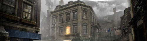 Una strada buia e piovosa di Londra, con un edificio in stile vittoriano, ispirata... Dual UHD