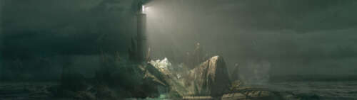 Sherlock Holmes, in piedi vicino a un faro, durante una violenta tempesta su un’isola... Dual UHD