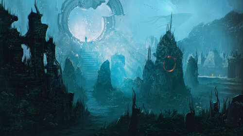 Vista subacquea degli antichi resti diroccati, immersi nelle profondità marine, in... 4K (Ultra HD)