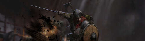 Un guerriero provato dalle battaglie, in piedi in un oscuro e umido dungeon di pietra,... Dual UHD