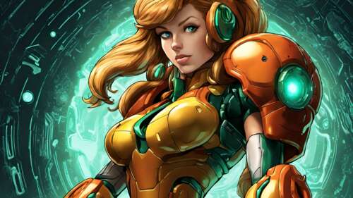Samus Aran indossa la sua iconica tuta protettiva arancione e rossa, tratta dalla... 8K