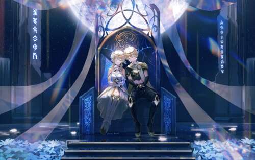 Aether e Lumine, personaggi del videogioco Genshin Impact, sono raffigurati insieme. 7680x4800