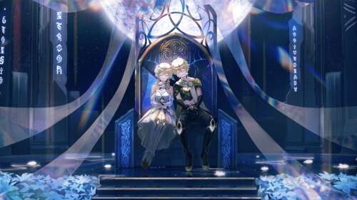 Aether e Lumine, personaggi del videogioco Genshin Impact, sono raffigurati insieme. 4K (Ultra HD)