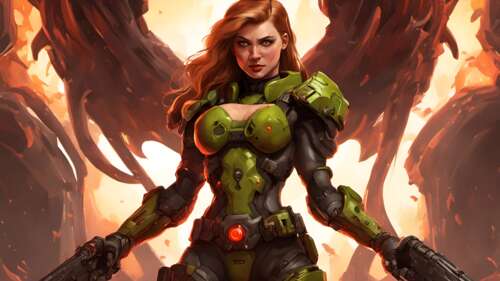 Una guerriera corazzata, impegnata in un combattimento acceso e armata di un potente... 8K