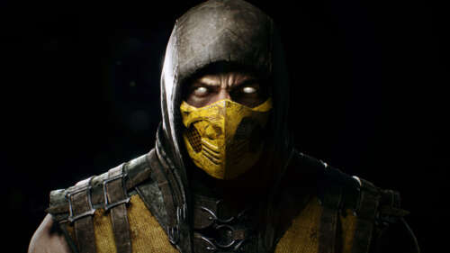 Scorpion, personaggio del videogioco Mortal Kombat, indossa la sua iconica armatura... 4K (Ultra HD)