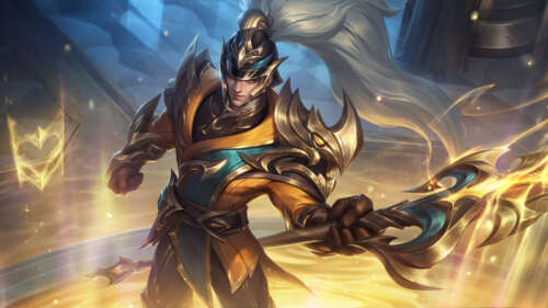 Xin Zhao, personaggio del videogioco League of Legends, in posa con la sua lancia,... 8K