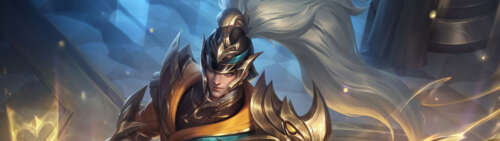 Xin Zhao, personaggio del videogioco League of Legends, in posa con la sua lancia,... Dual UHD