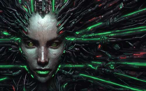 Un’immagine ravvicinata e dettagliata di Shodan, tratta dal gioco System Shock, che... 7680x4800