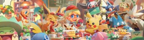 Un gruppo di Pokémon, tra cui Pikachu, Eevee, Lucario e Sobble, si è riunito in un'atmosfera... Dual UHD