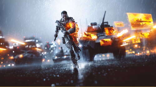 Un pesante carro armato militare che si muove attraverso un campo di battaglia fumoso... 4K (Ultra HD)