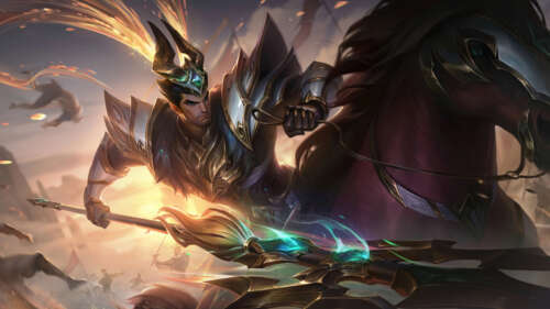 Jarvan IV, personaggio del videogioco League of Legends, impugna la sua lancia distintiva... 8K