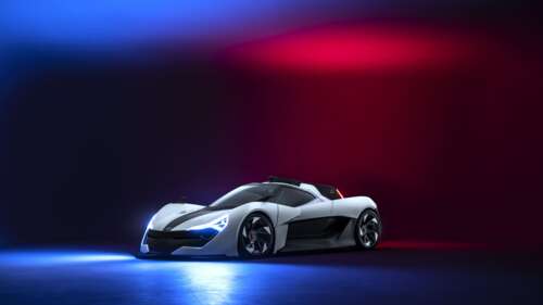 Un’elegante e aerodinamica auto sportiva moderna, presentata in un ambiente che ricorda... 8K