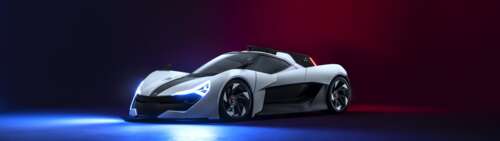 Un’elegante e aerodinamica auto sportiva moderna, presentata in un ambiente che ricorda... Dual UHD