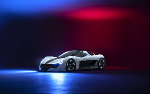 Un’elegante e aerodinamica auto sportiva moderna, presentata in un ambiente che ricorda... 7680x4800