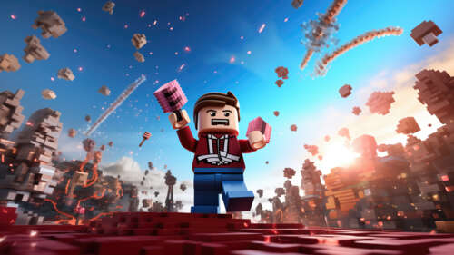 Un personaggio tridimensionale composto da blocchi colorati e texture pixelate, che...